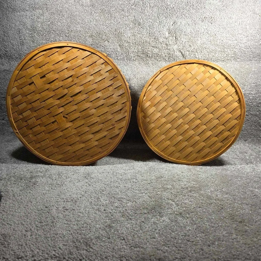 Woven Splint Baskets Natural Wood‎ Round Nesting Lidded Set of 2